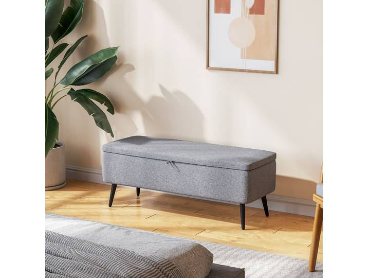HOMCOM Banc Coffre Rangement Tissu Gris Pieds Acier Noir