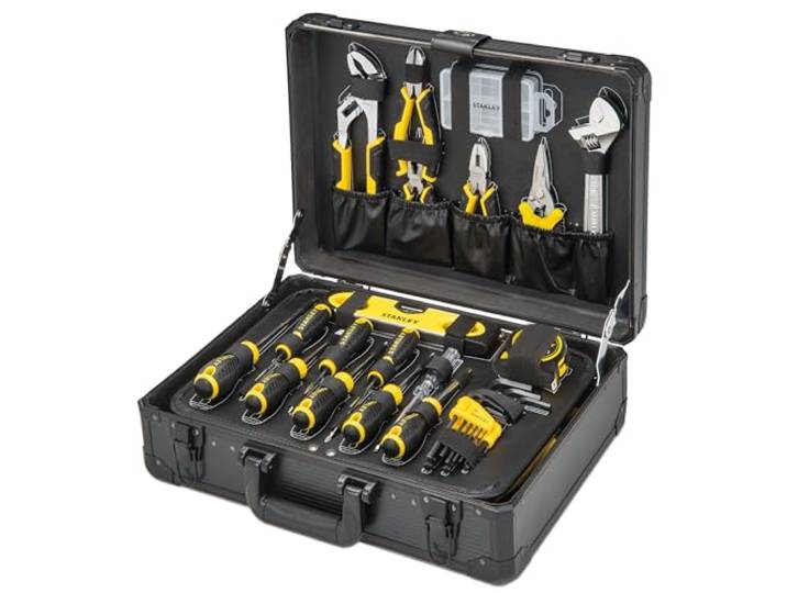 STANLEY Valise de Maintenance 142 Pièces - Pinces et Coupe-Touts\, Clé à Molette\, Niveau\, Mesure\, Tournevis\, Scie à Métaux\, Cutter\, Marteau\, Outils pour Serrage-Vissage STMT98109-1