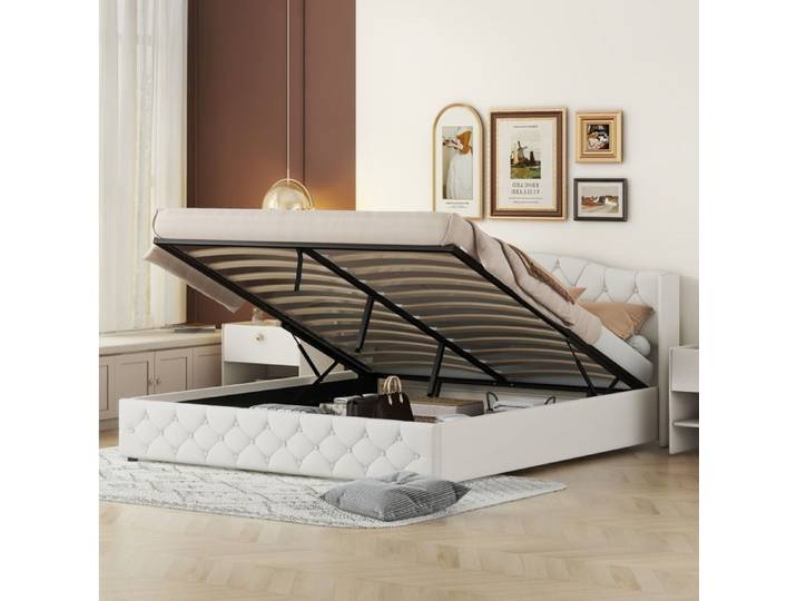 lit adulte lit double rangement coffre 180x200 en lin beige structure robuste chambre couchage gain de place Grjofek