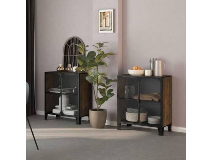 HPUYRFG 2 Pack Metall Und MDF Lagerschrank, Rustikal Braun, 72x36x82 cm Regalboden, Maschengitter-Türen, feucht abwischbar, urban-industriell