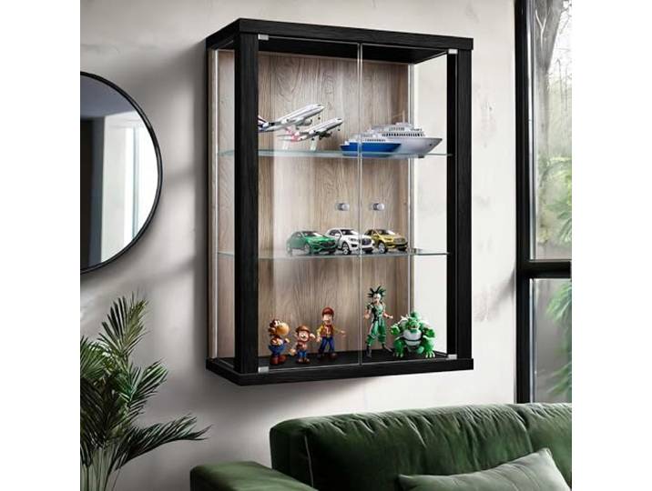 K-Möbel Hängevitrine Glas (80x60x25cm) - Made in Germany - Glasvitrine hängend mit 2 höhenverstellbaren Glasböden aus ESG in Schwarz/Sonoma Eiche - Schrank mit Glastüren - Wandvitrine