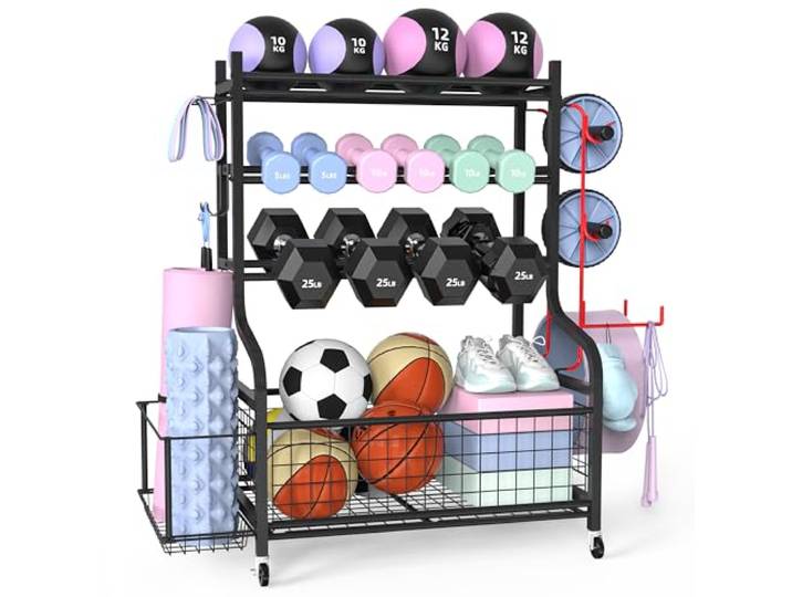 ZACHVO Hantelständer, Multifunktionaler Kurzhantelständer für Hanteln, Yoga Matte, Faszienrolle, Kettlebell und Yoga Block, Dumbbells Regal für Home Gym mit 4 Rädern und 8 Haken