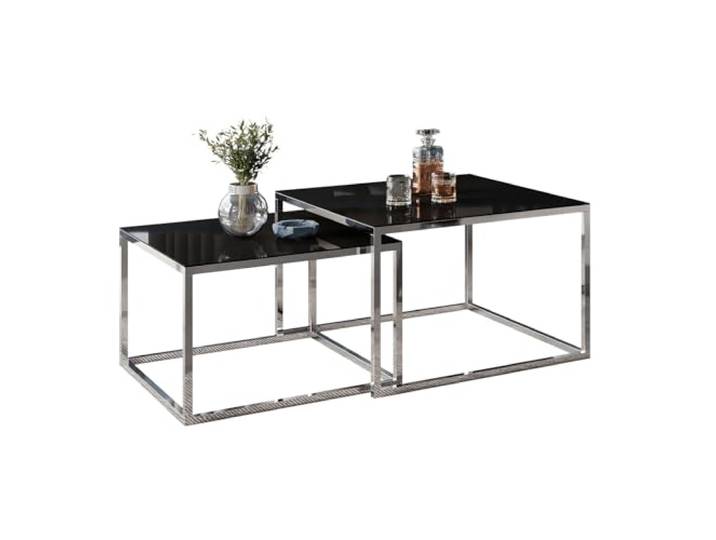 Lookway Couchtisch Yoshi 2in1 Glass mit Chromgestell & Glasplatte Quadratische Tische 60x60 & 70x70 cm Moderner Wohnzimmertisch (Schwarzes Glass, 39 cm / 45 cm)