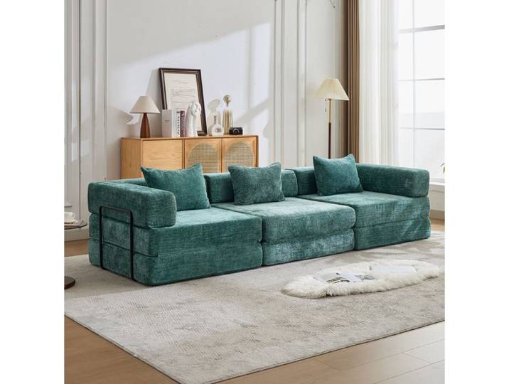 VUENOR Canapé convertible 3 places 300x100x63 cm vert foncé en tissu chenille – modulable sans montage