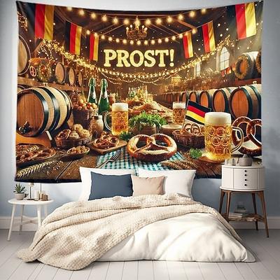 Oktoberfest Deutsches Bayerisches hängender Wandteppich Brezel Bier Bratwurst Wandkunst blau-weiß kariert großes Wandteppich Mural Dekor Foto Hintergrund Fest