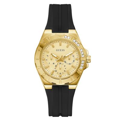 Multifunktionsuhr GUESS "CALYPSO", gold (schwarz), Armbanduhren, Damen, Quarzuhr, Armbanduhr, Damenuhr, analog, Wochentag, Tag