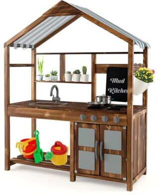 Costway Kid's Mud Kitchen Outdoor Solid Wood Mud Kitchen with Canopy-Natural