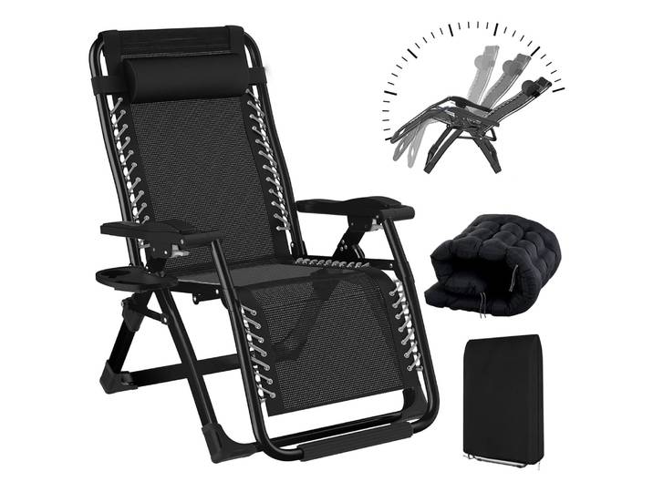 Chaise longue pliante, chaise de plage pliante avec dossier rembourré réglable, tête de lit amovible, porte-gobelet, housse pour chaise longue de jardin, chaises de plage pour usage extérieur, noir,