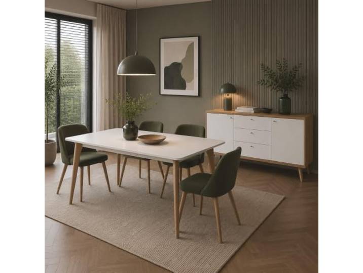 Lomadox Esszimmer Set in Weiß mit Eiche, Ausziehtisch & Sideboard, 2-teilig