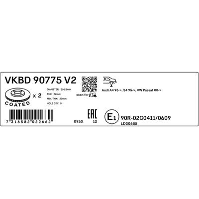 SKF Bremsscheibe VKBD 90775 V2 256mm 22mm für VW