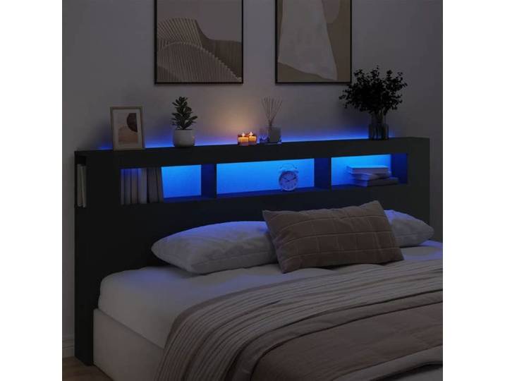 Tête de Lit à LED Panneau avec Rangement Accessoire de Lit Tête de Cadre de Lit Chambre Noir 220x18 5x103 5 cm 837373