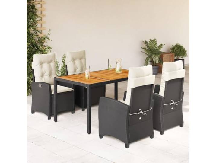 HEFZGDB 5-TLG. Garten-Essgruppe mit Kissen Schwarz Poly Rattan, Outdoor Esstischgruppe mit verstellbaren Sesseln und Akazienholz Tischplatte, pflegeleichtes PE Rattan für Terrasse