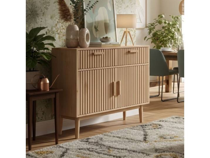 Buffet 100 cm 2 Portes et 2 Tiroirs Soft-Close - Enfilade Style Scandinave Japandi Chêne Clair