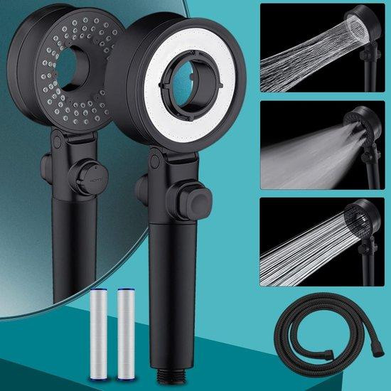 Unyqoos Waterbesparende handdouche met hoge druk, 1,5 meter slang, 2 filters en 3 straalpatronen, zwart