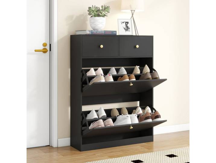 PULUOMIS Meuble à Chaussures avec 2 Portes et 2 Tiroirs Étagères Réglables 80 x 24 x 106 cm Noir