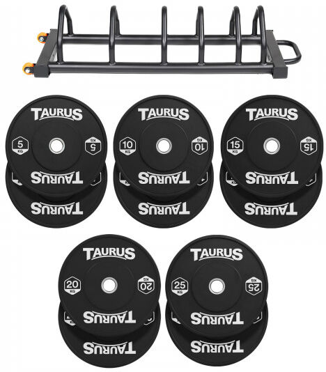 Taurus Black Olympic Rubber Bumper Weight Plates 150kg Set with Toast Rack