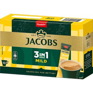 Jacobs Kaffee 3 in 1 Mild, löslicher Kaffee mit Kaffeeweißer & Zucker, 10 Portionssticks