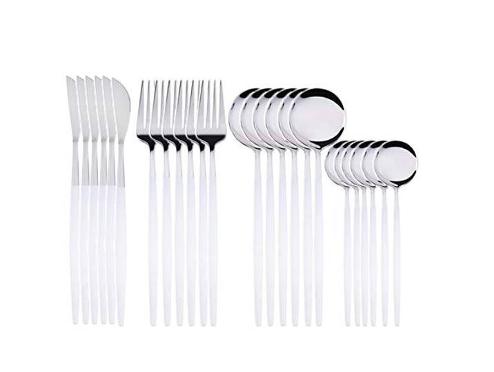 24 stücke Besteck Edelstahl Geschirr Küche Cutleri Gabel Gold Utensilien Geschirr Set Messer Gabel Löffel Für Dinner Flatware essgeschirr (Color : White silver)