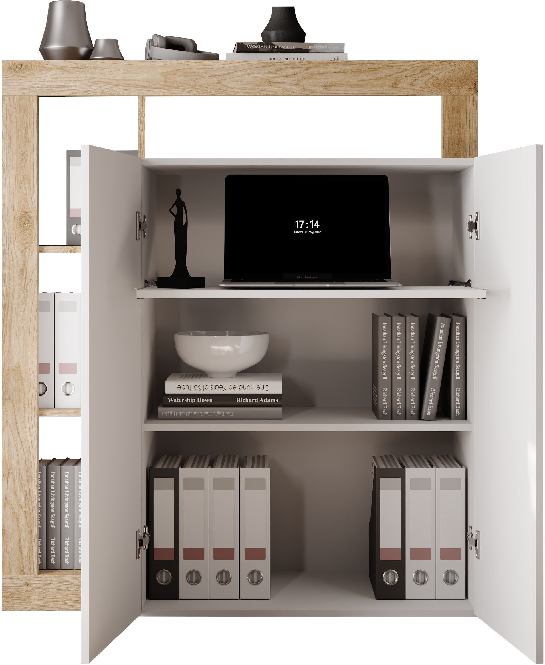 Sekretär HOME AFFAIRE "Hamburg Breite 108 cm, Höhe 126 cm, 2 Türen, PC-Schrank, Home-Office", braun (weiß, eiche cadiz nb), B:108cm H:126cm T:42cm, Sekretäre, Sekretär, dekorativer Rahmen, Tastaturauszug, Stauraum, Multifunktional weiß, eiche cadiz nb B/H