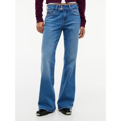 Bootcut-Jeans TOMMY JEANS "SIA LOW RISE BOOTCUT BJ0133", Damen, Gr. 28, Länge 30, blau (denim medium), Denim/Jeans, Obermaterial: 99% Baumwolle, 1% Elasthan, Abriebeffekte, bootcut fit lang, Jeans, Baumwollmischung