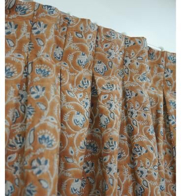 Fabdivine Pleated Linen Curtain Floral Block Print Drapery Green Window Treatments Vintage Panels Living Room, Saraswati