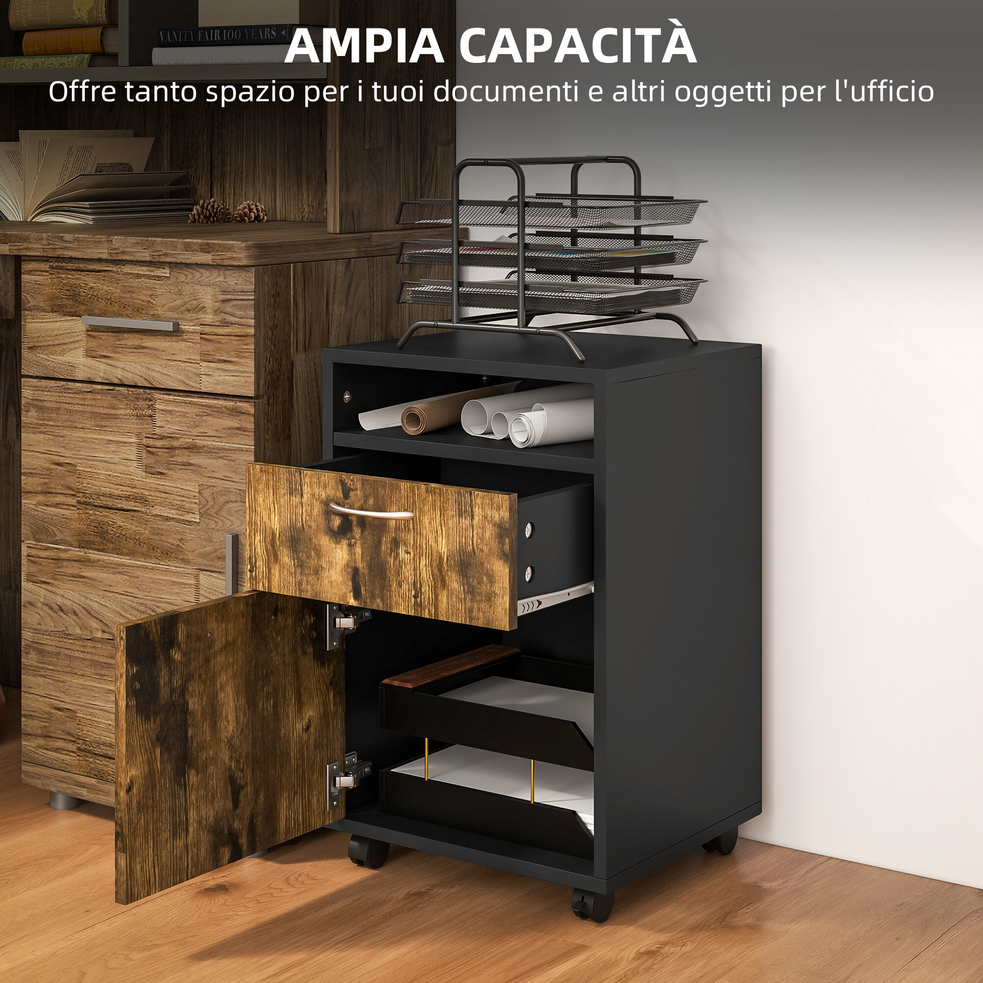 Altro Cassettiera Portadocumenti Con Cassetto E Ripiano, 4 Ruote, 40x35x60cm, Marrone E Nero