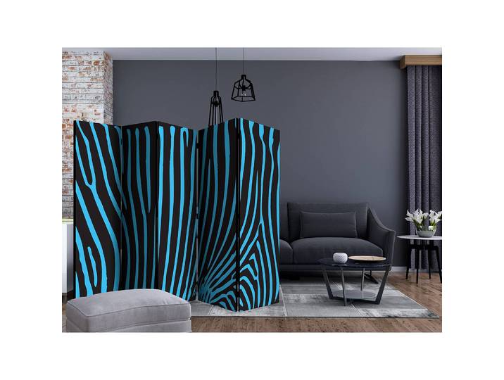 Paravent Zebra Pattern II 5-teilig Vlies auf Massivholz Kiefer, naturbelassen Blau/Türkis 225 x 172cm
