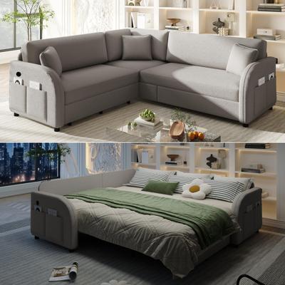 Loedds 85.1-Inch L-Shaped Sherpa Sleeper Sofa Bed with USB and Side Pockets