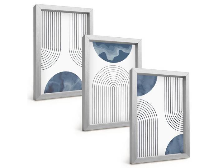 BILDER SET 3er Set - 20x30 cm Silberner Rahmen - Abstrakte blaue Muster