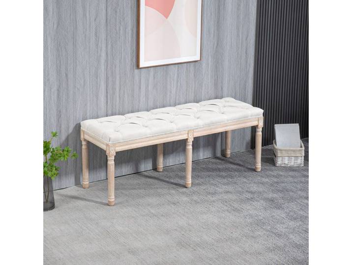 Banc bout de lit - AKOZON - 9116 - Capitonné style vintage français - Tissu aspect lin crème - Pieds bois massif