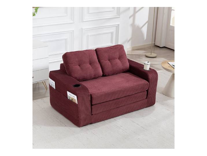 HAUSS SPOLE Schlafsofa Wohnzimmer Umbaufunktion,Modulares Bodensofa Zweisitzer,Cord Weinrot, Zweisitziges Sofa mit Seitentaschen und Getränkehaltern, umbaubarer Doppel-Sitzsack mit gesteppten Kissen und Rückenlehne