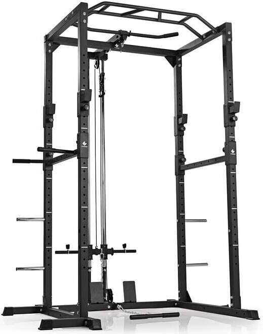 FitEngine Power Rack Power Cage mit Latzug Kabelzug Dip-Station + Klimmzugstange Variabel einstellbare Spotter Langhantel Fitnessstation Multigym