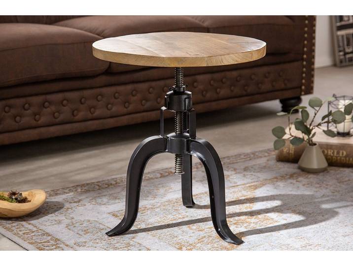 Höhenverstellbarer Beistelltisch ENGINEER 50cm Mangoholz Industrial Design massiv rund Eisen Industrie & Loft Rustikal