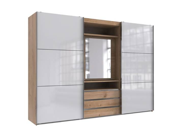 Wimex MagicGlas Schwebetürenschrank mit drehbarem Spiegelelement - Glas weiß, Plankeneiche Nachbildung, Spiegelglas - 216 Modern, Zeitlos