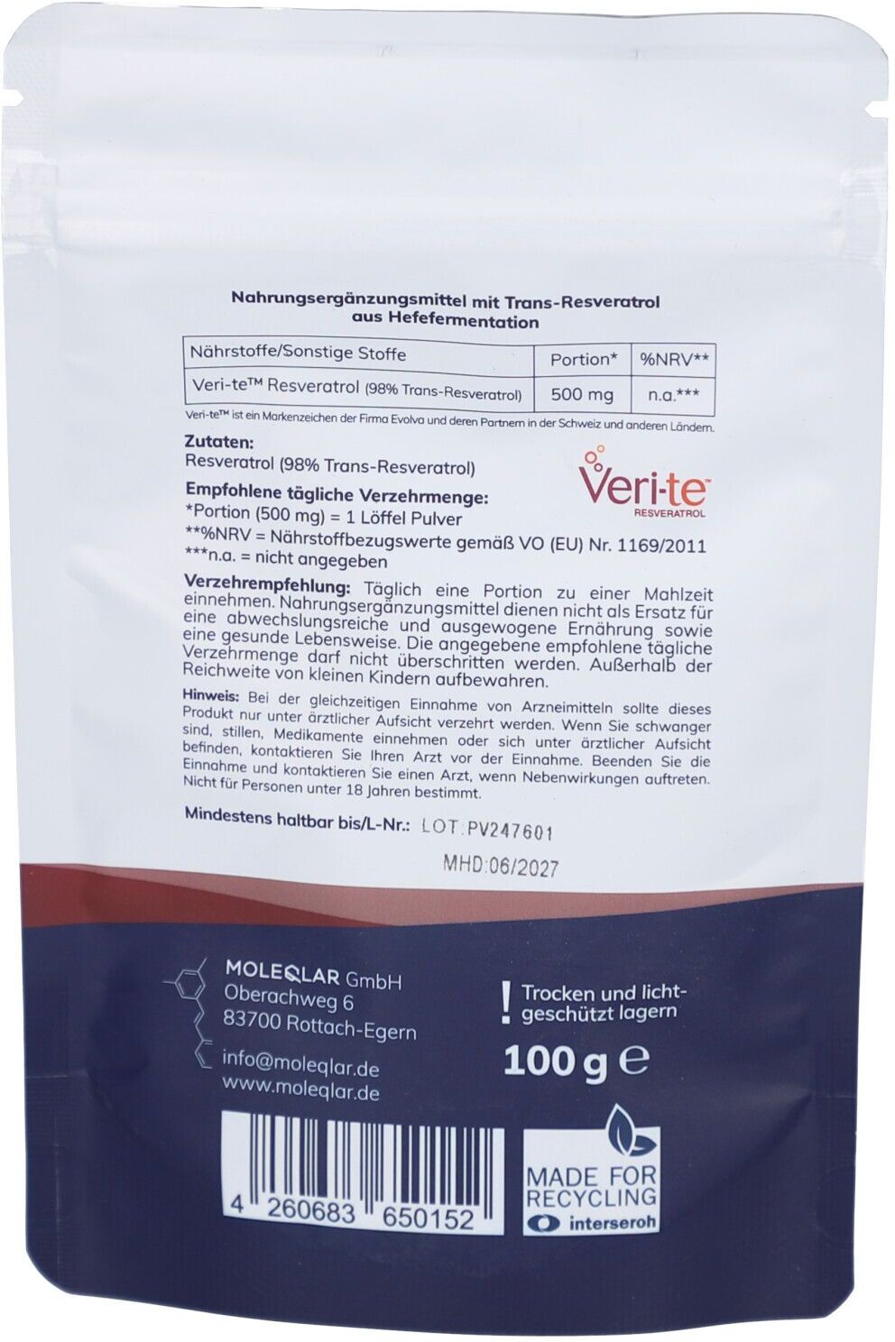 Moleqlar Resveratrol Trans-Resveratrol Pulver 100 g