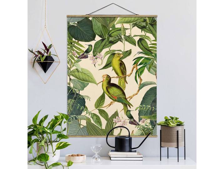 Tableau déco Collage Perroquets Tissu Vert 100 x 134cm