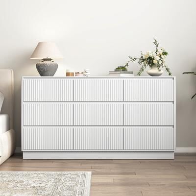 Loedds 59-Inch Wide 9-Drawer Mid-Century Modern Dresser and TV Stand, White