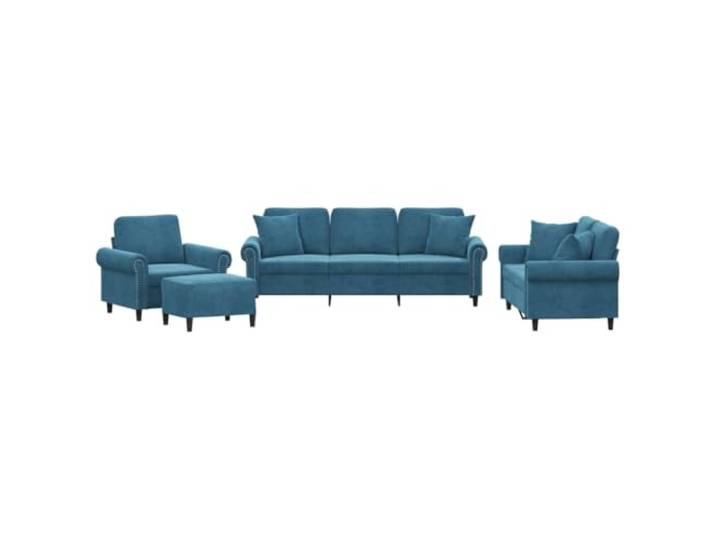 Coespram 4-tlg. Sofagarnitur Samt Blau mit Kissen und Hocker Elegante Sitzgruppe für das Wohnzimmer: Weiche Schaumstoff-Polsterung, stabiler Metallrahmen und bequeme Zierkissen.