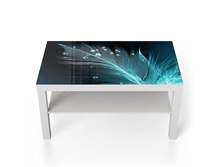 DEQORI Glastisch weiß groß 90x50 cm Motiv Feder mit Wasserperlen ausgefallener Beistelltisch aus Glas Hochglanz Couchtisch fürs Wohnzimmer moderner Couch Tisch mit Design