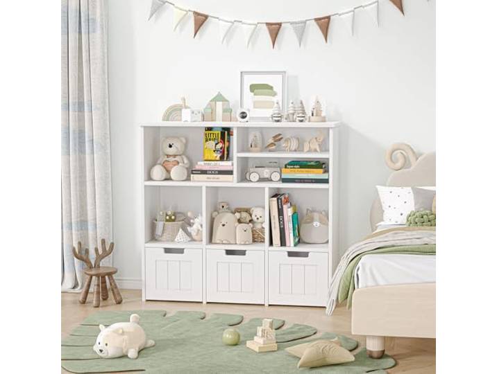 Garvee Spielzeugschrank mit 3 verschiebbaren Schubladen und 6 Fächern Kinderregal mit versteckten Rollen, Aufbewahrung für Kinderzimmer, Spielzimmer und Babyzimmer