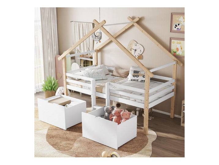 LuxusKollektion Hausbett Kinderbett Halbhoch Hausbett 90x200 Weiß Natur