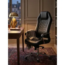 Bürostuhl Echtleder mit hoher Rückenlehne und Kopfstütze MONTEREY, Schwarz 70x67x136 cm