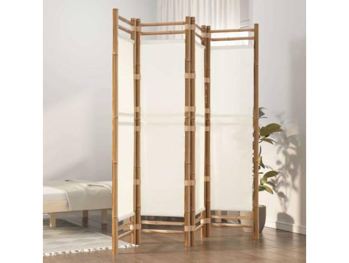 GBCDSWBR Paravent Faltbar Raumteiler Bambus Canvas Creme 160 x 180 cm 4 Paneele, Sichtschutz für Wohnzimmer, Robuste Konstruktion