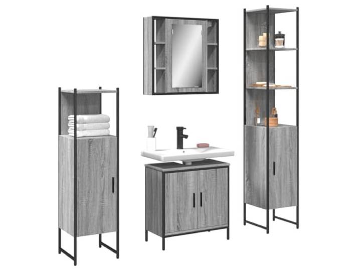 4-tlg. Badmöbel-Set Grau Sonoma Holzwerkstoff mit Spiegel und Schrank Robuste Konstruktion, verstellbare Beine, klare Glas-Spiegelfläche, zusätzliche Ablage, viel Stauraum