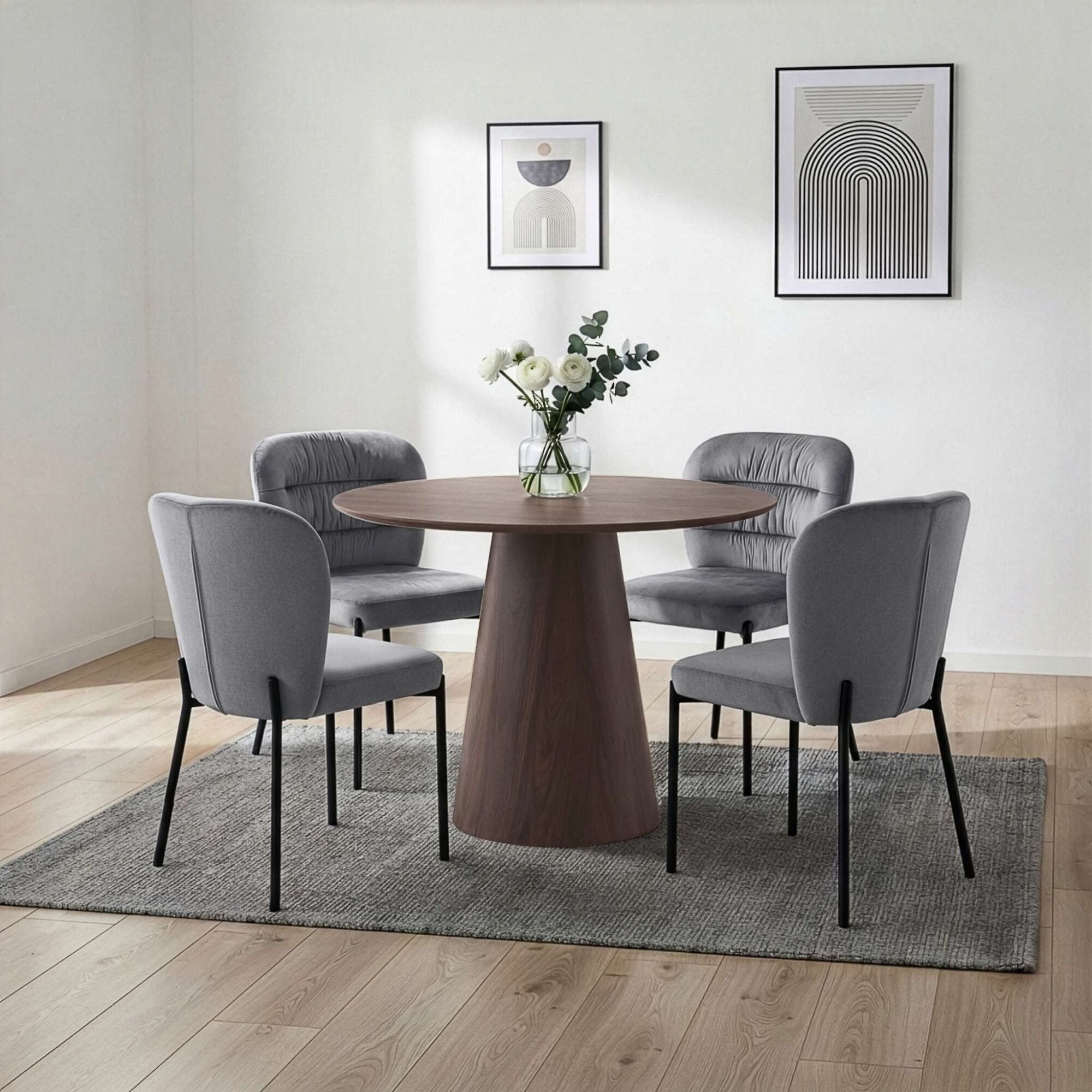 Esstisch GOODPRODUCT "Mincio", braun (walnuss farb., walnuss farb., walnuss farb.), B:100cm H:76cm T:100cm, Tische, Esstisch, Runder Esstisch, Holzoptik, Durchmesser 100 cm walnuss farb., walnuss farb., walnuss farb. B/H/T: 100cm x 76cm x 100cm
