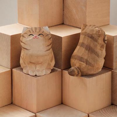 Inspired Finds Handcrafted Wooden Cat Figurine Decor Cute Kitten Statue For Desk, Car, And Home Accent light Brown Tabby