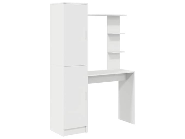 KPOTUERTU Schreibtisch 2er Set Weiß mit Regal und Schrank, Holzwerkstoff-Schreibtisch mit Stabiler Konstruktion, modernes Design mit großer Arbeitsfläche und praktischen Regalbrettern