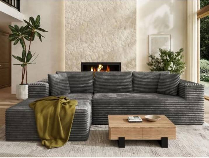 Txtin's Ecksofa 3-Sitzer Modulares Sofa, 261cm L-Form Sofa aus Cord, Boneless Cloud Couch, Keine Montage Erforderlich, Sektionssofas mit Schlaffunktion, Dunkelgrau