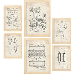 POSTER Set Mit 6 Mit Küchengeräte Patenten Im Vintage Stil A3 & A4 Rahmen Aus Hellem Holz