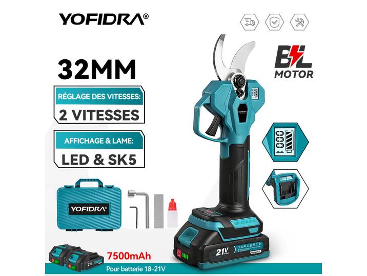 YOFIDRA – sécateur électrique sans balais, 32mm, 2 vitesses, sans fil, arbre fruitier, jardin, bonsaï, outil d'embellissement pour broche de batterie Makita
